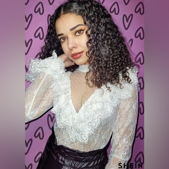 SHEIN Dot Mesh Insert Ruffle Trim Lace Top - Picture 6 of 6